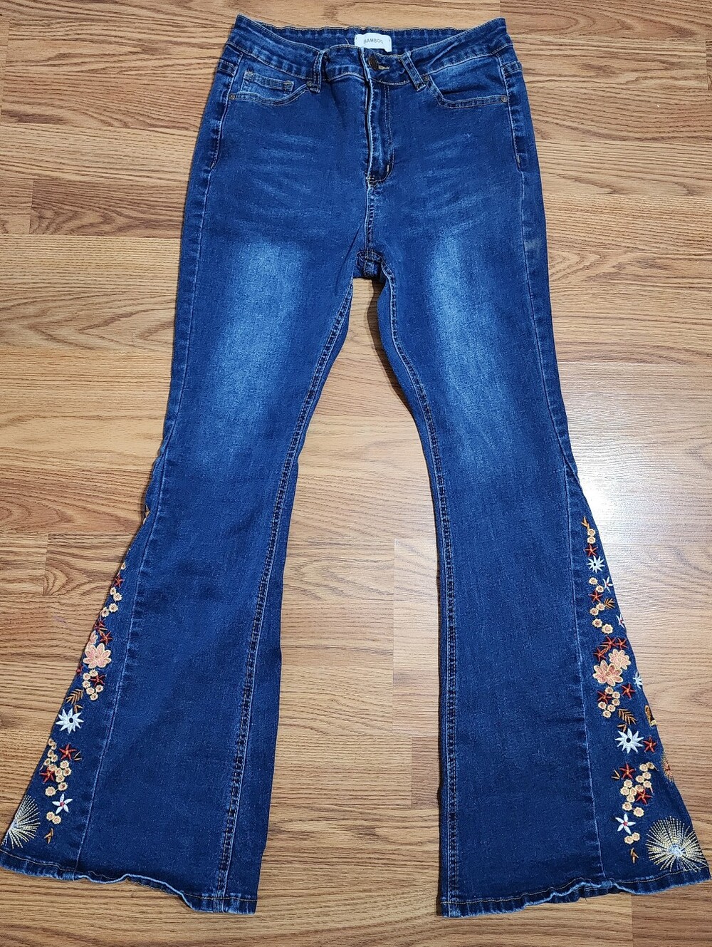 Bamboo Flare Jeans Size 13 Blue Floral Embroidered Bell Bottom Boho Hippie Y2K